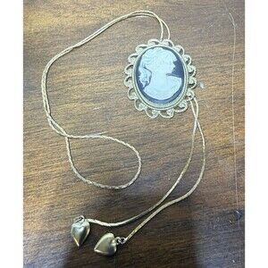 Vintage Black Ivory Cameo Style Gold Tone Pull Necklace Pendant Heart Dangles